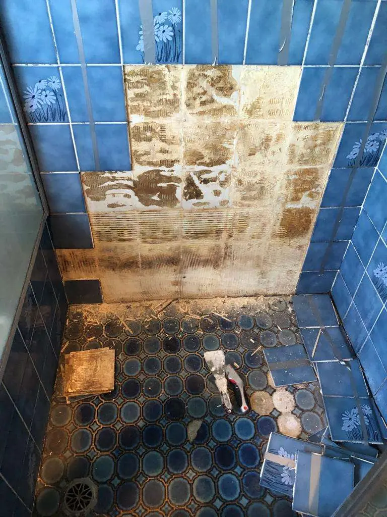 Before: Blue floral-tiled shower with a section of wall tiles missing and floor tiles lifted