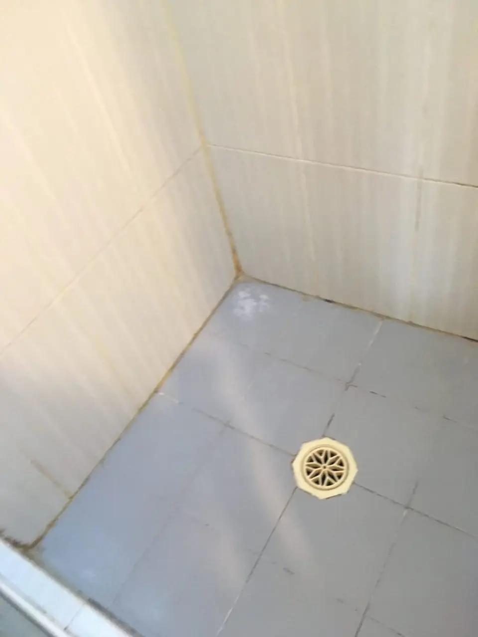 Before: Pale blue-tiled shower with yellow-stained corner joints