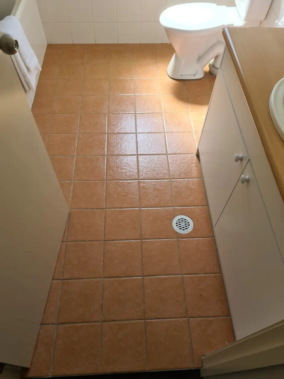 Before: Terracotta-look tiled bathroom floor with discoloured grout