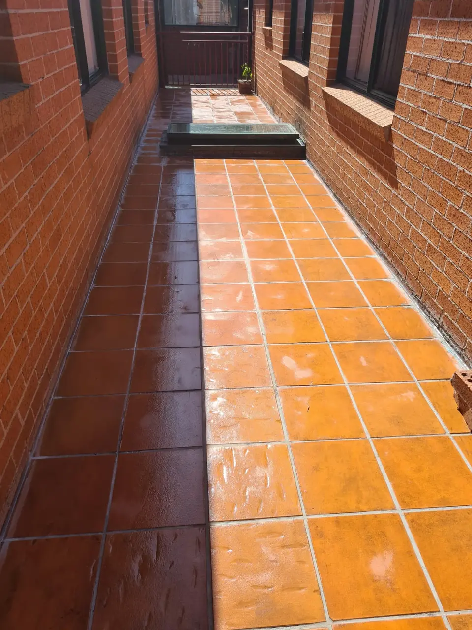 After: The same tiled walkway cleaned, with light-coloured renewed grout
